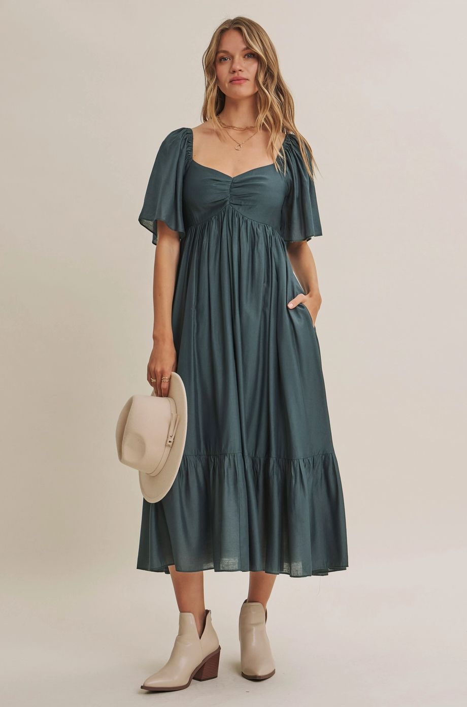 Whispering Willow Flattering Sweetheart Smocked Midi Dress