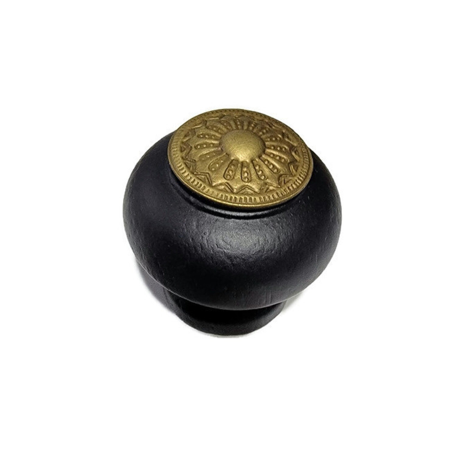 Black Finished Wood EASTLAKE STYLE brass KNOB with Stamped antiqued Brass Overlay