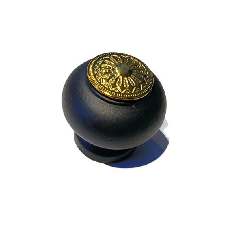 Black Finished Wood EASTLAKE STYLE brass KNOB with Stamped polished Brass Overlay