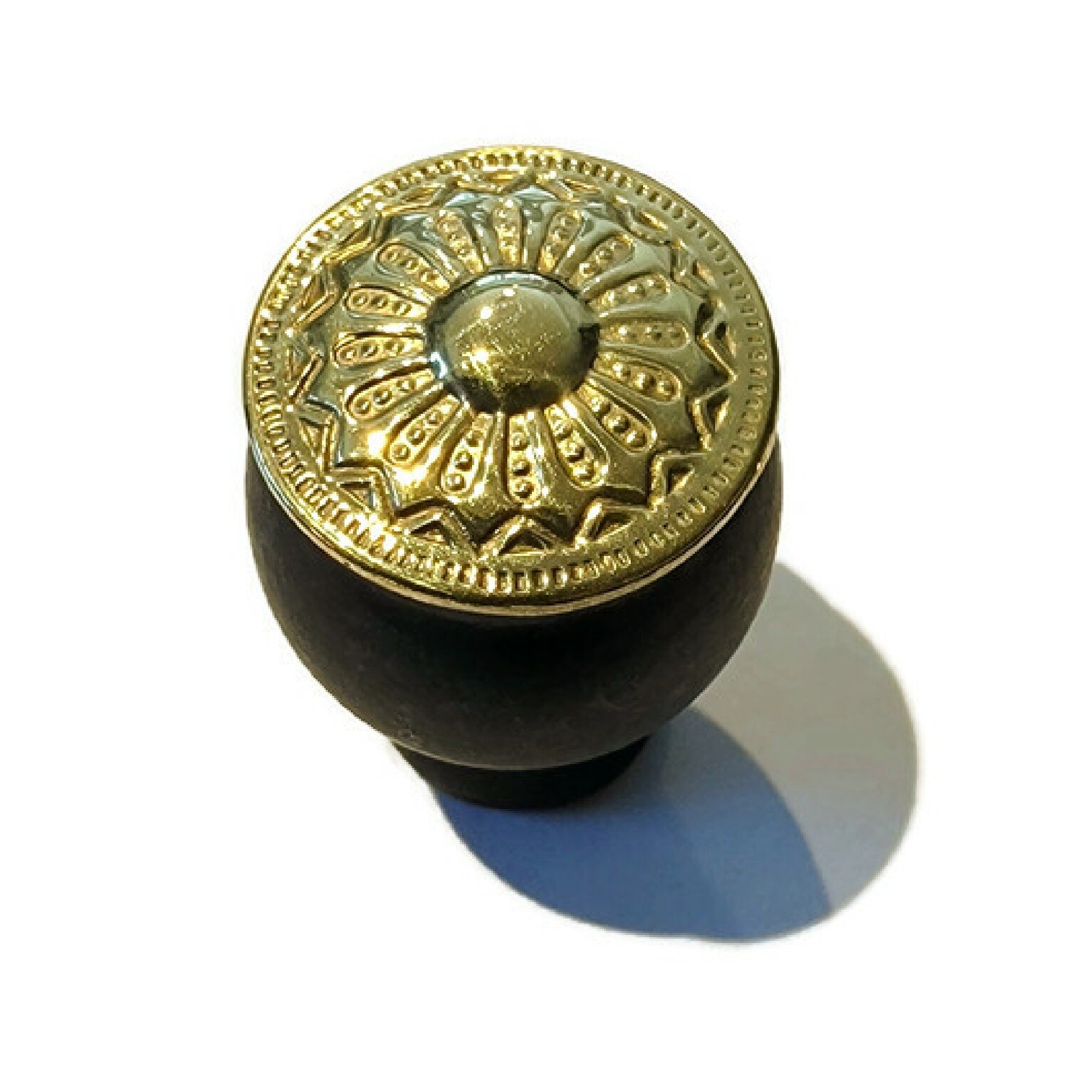 Black Finished Wood EASTLAKE STYLE brass KNOB with Stamped polished Brass Overlay