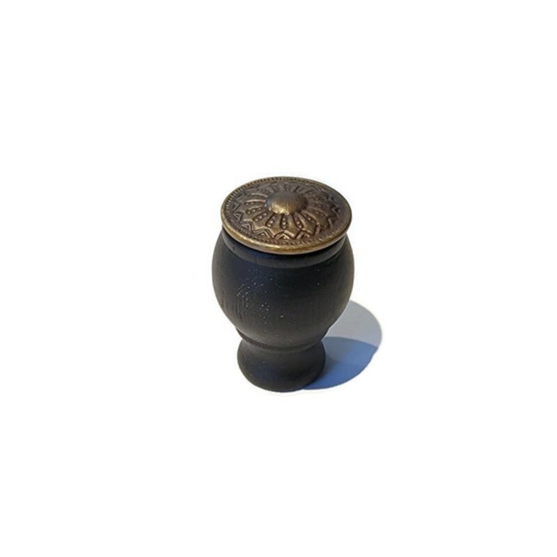 Black Finished Wood EASTLAKE STYLE brass KNOB with Stamped antiqued Brass Overlay