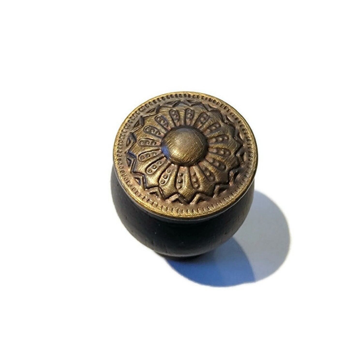 Black Finished Wood EASTLAKE STYLE brass KNOB with Stamped antiqued Brass Overlay