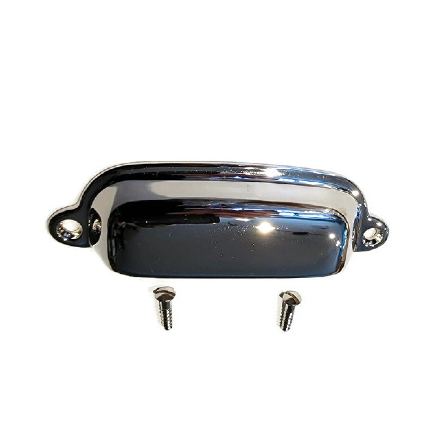 Stamped polished nickel plated brass bin pull