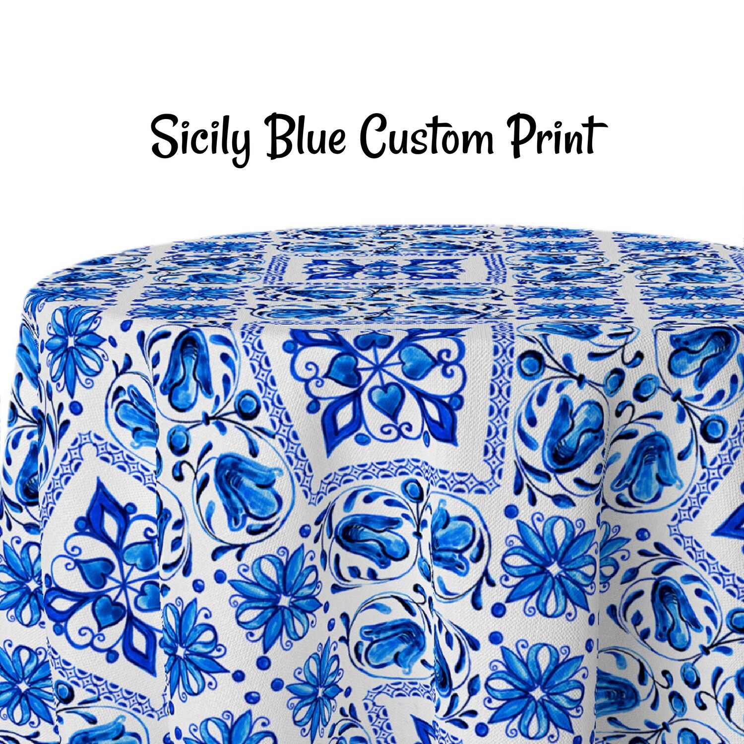 Sicily Blue Custom Print Table Skirting by the foot
