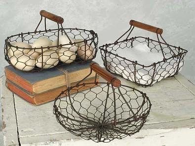 Set Of Three Chicken Wire Baskets - Green/Rust