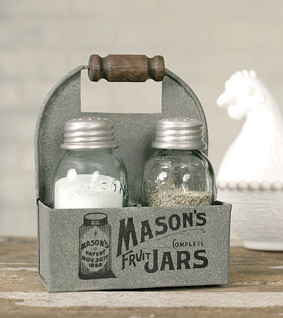 Mason Jar Box Salt And Pepper Caddies with Wood Handle - Set of Two