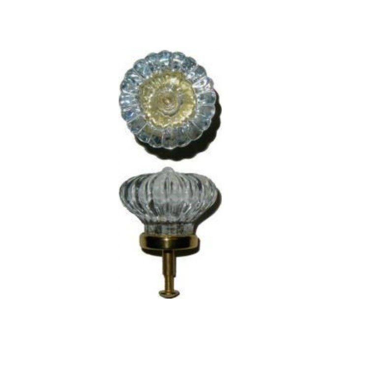 Scalloped Clear Molded Glass KNOB on Brass Base