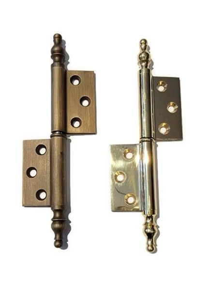 Flag hinge with steeple tips for armoires, wardrobes, clock case and cabinet doors. Swaged. Comes in Three Finishes