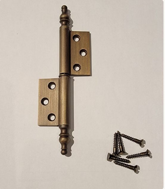 Flag hinge with steeple tips for armoires, wardrobes, clock case and cabinet doors. Swaged. Comes in Three Finishes