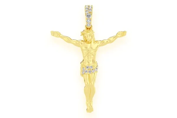 CRUCIFIX HALF DIAMOND PENDANT 14K SOLID GOLD 0.10 CTW