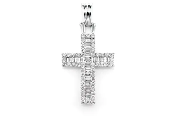 BAGUETTE HALO DIAMOND CROSS PENDANT 14K SOLID GOLD 0.95CTW