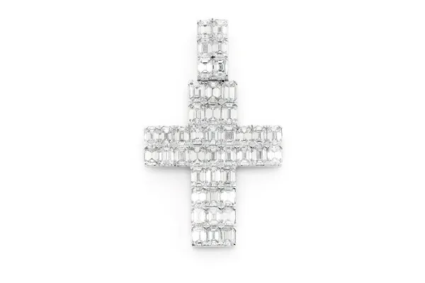 EMERALD CROSS DIAMOND PENDANT 14K SOLID GOLD CROSS 6.00 CTW