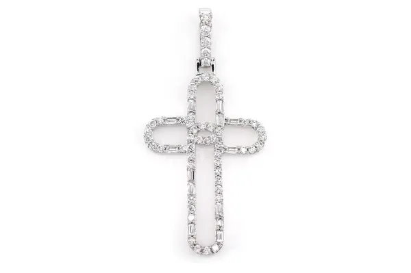 OPEN BAGUETTE AND ROUND DIAMOND TRINITY CROSS PENDANT 14K SOLID GOLD 0.38 CTW