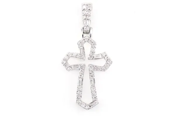 TAPERED OPEN ROUND &amp; BAGUETTE DIAMOND CROSS PENDANT 14K SOLID GOLD 0.38CTW