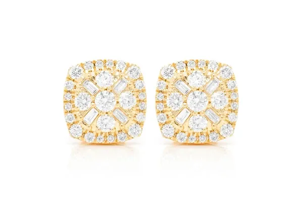 BAGUETTE FLOWER STUD DIAMOND EARRINGS 14K SOLID GOLD 1.00CTW