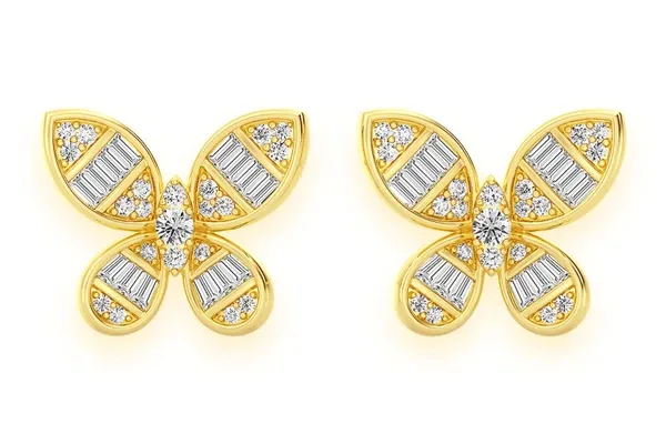 BUTTERFLY BAGUETTE STUD DIAMOND EARRINGS 14K SOLID GOLD 0.65CTW