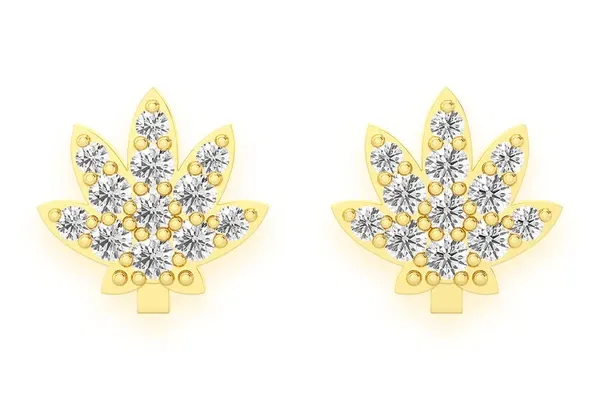 CANNABIS LEAF STUD DIAMOND EARRINGS 14K SOLID GOLD 0.10CTW