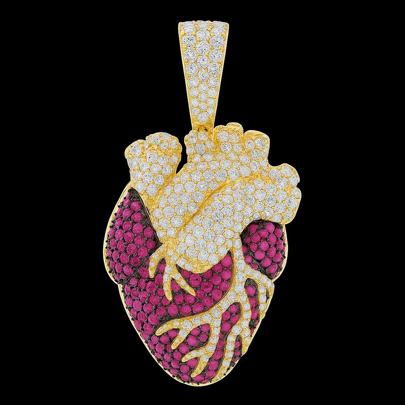HUMAN HEART RUBY AND DIAMOND PENDANT 14K SOLID GOLD 3.60 CTW