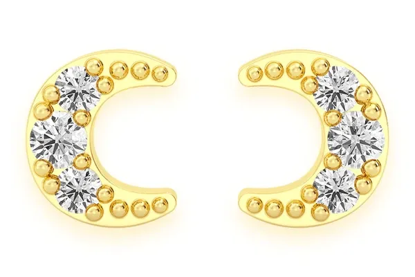 MOON STUD DIAMOND EARRINGS 14K SOLID GOLD 0.05CTW