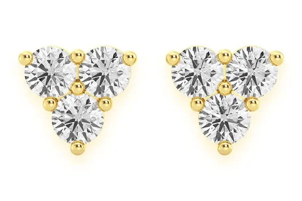 THREE STONE STUD DIAMOND EARRINGS 14K SOLID GOLD 0.20CTW