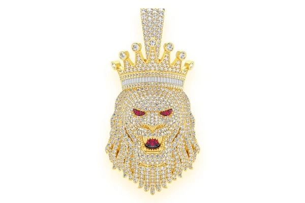 KING CROWN LION DIAMOND PENDANT 14K SOLID GOLD 6.75CTWW