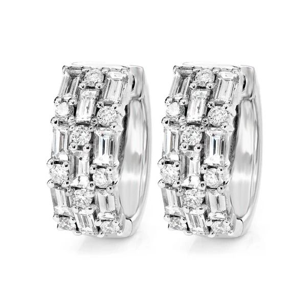 THREE ROW BAGUETTE AND ROUND DIAMOND HOOP EARRINGS 14K SOLID GOLD 2.20CTW