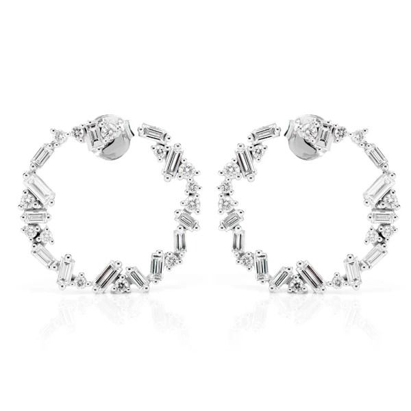 JAGGED ROUND AND BAGUETTE DIAMOND HOOP EARRINGS 14K SOLID GOLD 2.30CTW