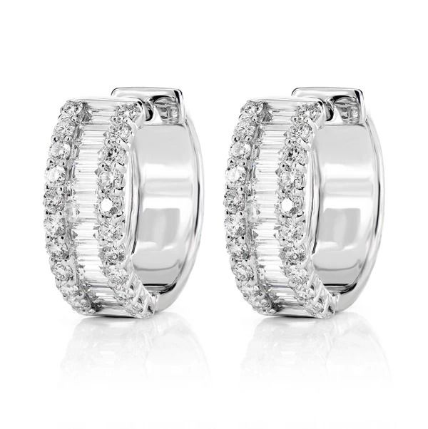 BAGUETTE DIAMOND AND ROUND BORDER HOOP EARRINGS 14K SOLID GOLD 2.05CTW