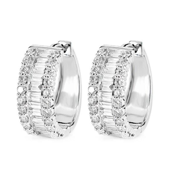 DIAMOND BAGUETTE AND ROUND HOOP EARRINGS 14K SOLID GOLD 2.80CTW