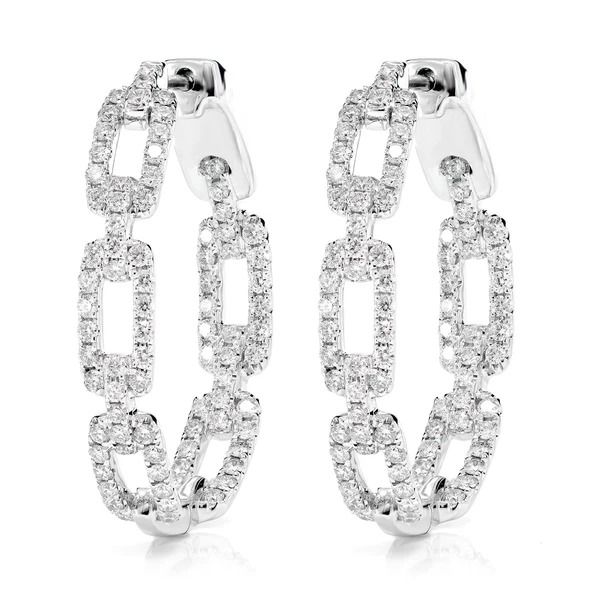 DIAMOND RECTANGULAR LINK HOOP EARRINGS 14K SOLID GOLD 1.80CTW