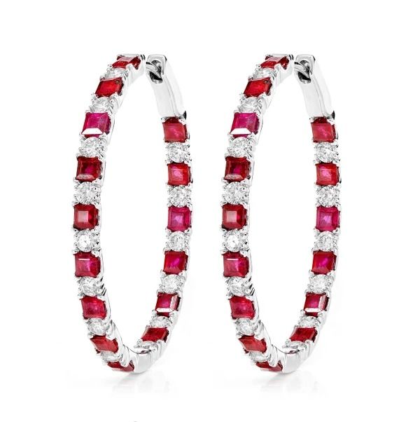 INSIDE OUTSIDE RUBY AND DIAMOND OVAL HOOP EARRINGS 6.50CTW