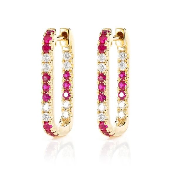 RUBY AND DIAMOND RECTANGLE HUGGIE HOOP EARRINGS 14K SOLID GOLD 0.80CTW