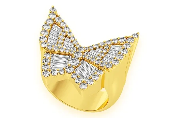 BUTTERFLY BAGUETTE SIGNET DIAMOND RING 14K SOLID GOLD 1.85CTW