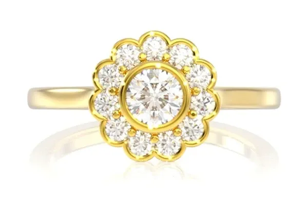 SCALLOP BEZEL FLOWER HALO 14K SOLID GOLD 0.50CTW