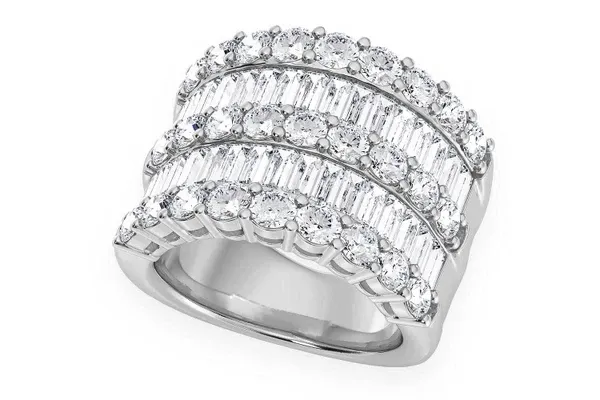SUPER THREE ROW ROUND &amp; BAGUETTE DIAMOND RING 14K SOLID GOLD 5.25CTW
