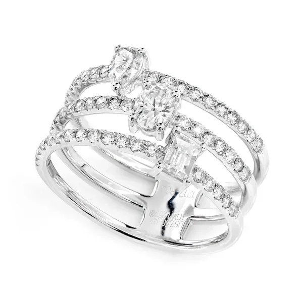 THREE ROW MULTI SHAPE DIAMOND OPEN RING 14K SOLID GOLD