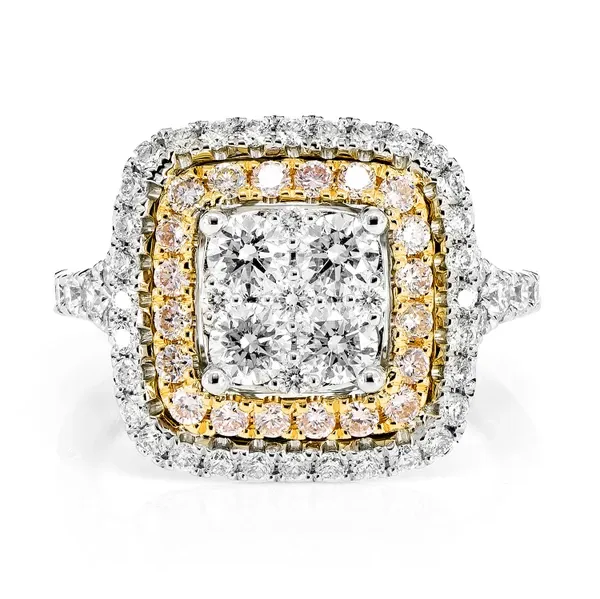DOUBLE HALO WHITE AND PINK DIAMOND ENGAGEMENT RING - ALL NATURAL - 1.80CTW