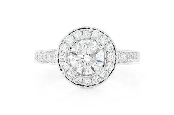 1.00CT ROUND SOLITAIRE - MILGRAIN HALO RING - ENGAGEMENT RING - NATURAL DIAMONDS