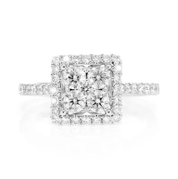 1.15CTW HALO SQUARE CLUSTER DIAMOND ENGAGEMENT RING - ALL NATURAL - 14K SOLID GOLD
