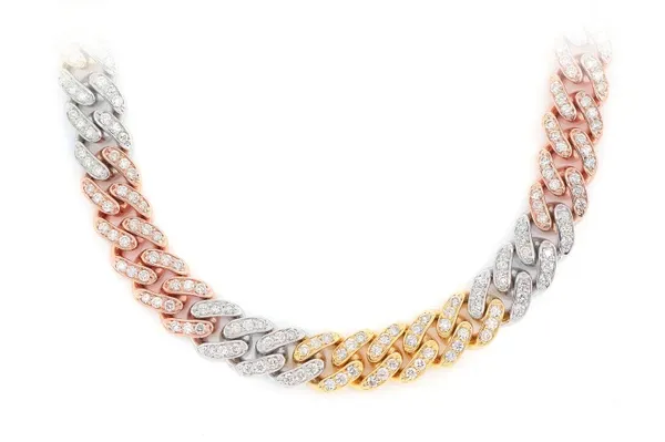 8MM MIAMI CUBAN LINK DIAMOND NECKLACE 14K TRI TONE SOLID GOLD 10.00CTW