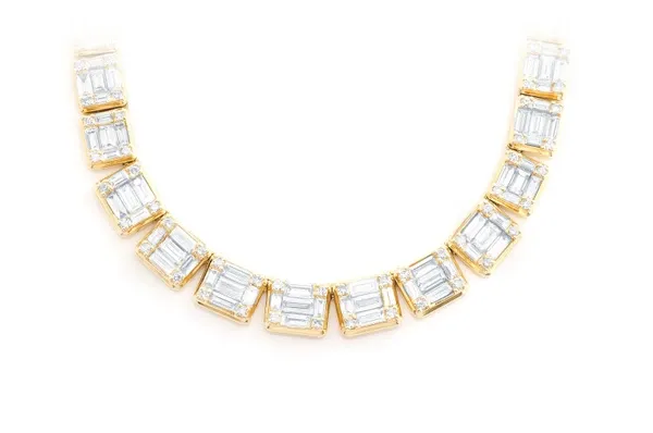 GRADUATED SQUARE BAGUETTE DIAMOND NECKLACE 14K SOLID GOLD 17.75CTW