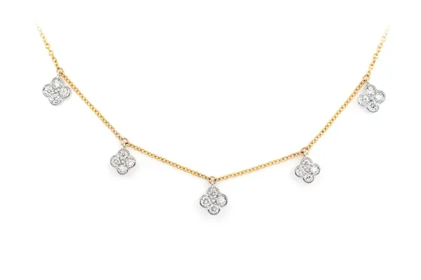 FIVE STATION MILGRAIN CLOVER DIAMOND DANGLE NECKLACE 14K SOLID GOLD 0.35CTW