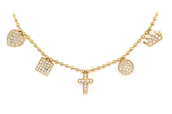 FIVE STATION DIAMOND CHARM DANGLE STATION BEAD CHAIN NECKLACE 14K SOLID GOLD 0.50CTW