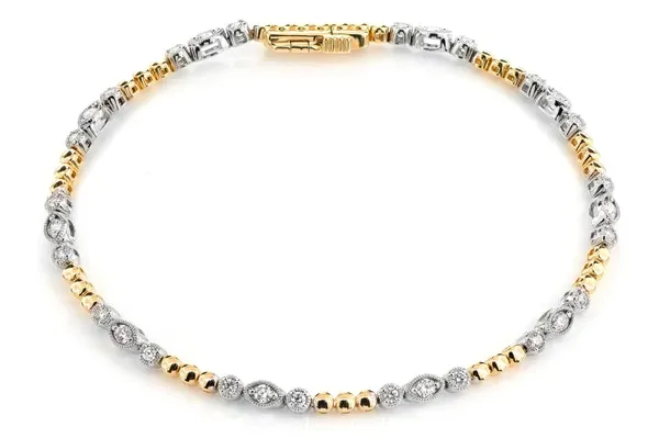 OVAL AND ROUND DIAMOND BEAD BEZEL LINK BRACELET 14K SOLID GOLD 0.66CTW