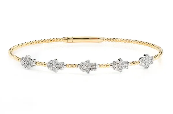 BEADED DIAMOND HAMSA FLEX BANGLE BRACELET 14K SOLID GOLD 0.30CTW