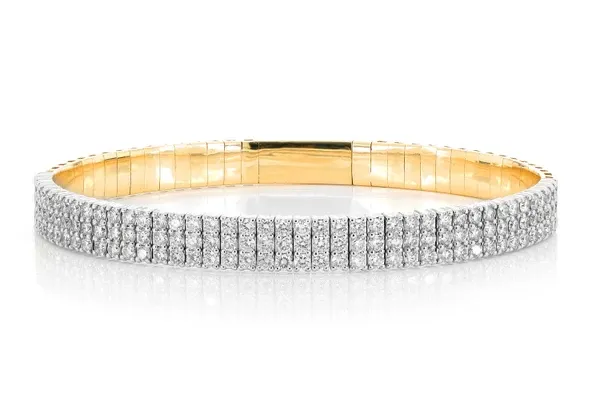 THREE ROW DIAMOND FLEX BANGLE BRACELET 3.85CTW 14K SOLID GOLD