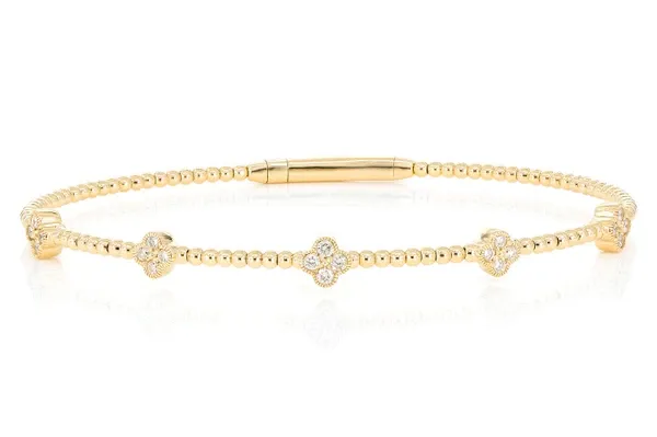 BEADED AND DIAMOND CLOVER MILGRAIN FLEX BANGLE BRACELET 0.33CTW 14K SOLID GOLD