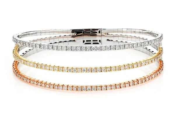 TRI-TONE DIAMOND SPLIT FLEX BANGLE BRACELET 14K SOLID GOLD 3.05CTW