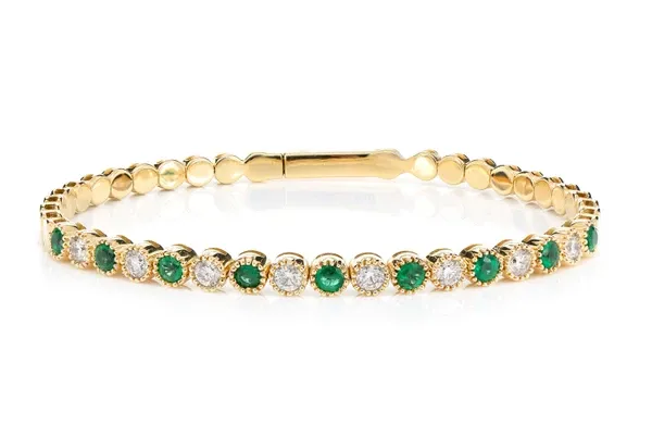 EMERALD AND DIAMOND BEADED MILGRAIN FLEX BANGLE BRACELET 14K SOLID GOLD 2.10CTW
