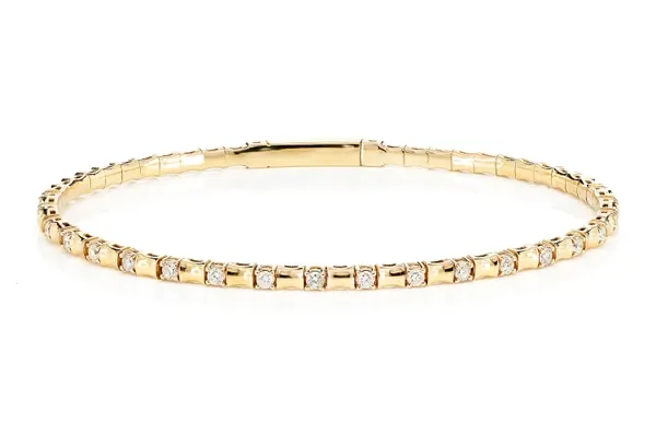 CURVED BEAD AND ROUND DIAMOND FLEX BANGLE BRACELET 14K SOLID GOLD 0.40CTW